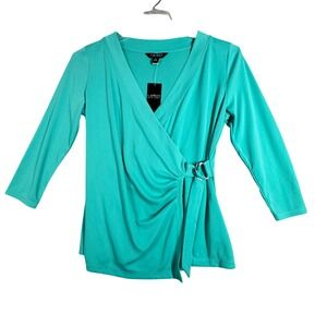 Lauren Ralph Lauren Wrap Top Black Label 3/4 Sleeve Blouse Buckle Detail‎ Teal L